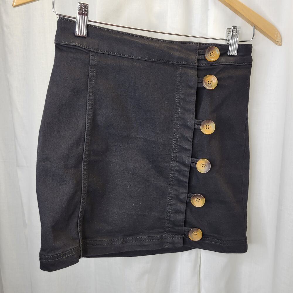 Free People Black Twill Off-Center Brown Button Mini Skirt, 0